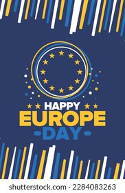 Día de Europa. Día festivo anual en mayo. Es el nombre de dos días de observancia anual: el 5 de mayo por el Consejo de Europa y el 9 de mayo por la Unión Europea. Cartel, tarjeta, cartel y fondo. Vector