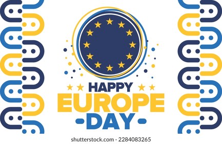 Día de Europa. Día festivo anual en mayo. Es el nombre de dos días de observancia anual: el 5 de mayo por el Consejo de Europa y el 9 de mayo por la Unión Europea. Cartel, tarjeta, cartel y fondo. Vector