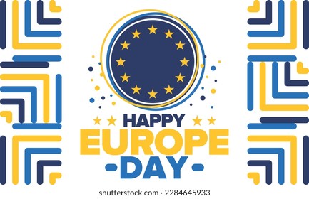 Día de Europa. Día festivo anual en mayo. Es el nombre de dos días de observancia anual: el 5 de mayo por el Consejo de Europa y el 9 de mayo por la Unión Europea. Cartel, tarjeta, cartel y fondo. Vector