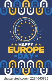 Día de Europa. Día festivo anual en mayo. Es el nombre de dos días de observancia anual: el 5 de mayo por el Consejo de Europa y el 9 de mayo por la Unión Europea. Cartel, tarjeta, cartel y fondo. Vector