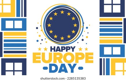 Día de Europa. Día festivo anual en mayo. Es el nombre de dos días de observancia anual: el 5 de mayo por el Consejo de Europa y el 9 de mayo por la Unión Europea. Cartel, tarjeta, cartel y fondo. Vector