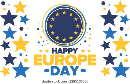 Día de Europa. Día festivo anual en mayo. Es el nombre de dos días de observancia anual: el 5 de mayo por el Consejo de Europa y el 9 de mayo por la Unión Europea. Cartel, tarjeta, cartel y fondo. Vector