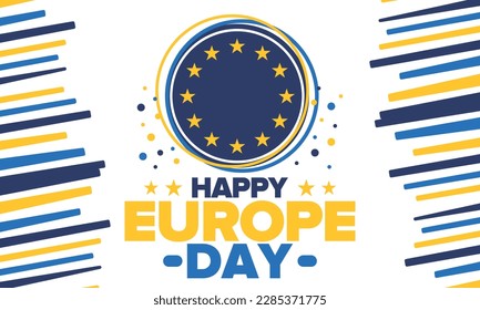 Día de Europa. Día festivo anual en mayo. Es el nombre de dos días de observancia anual: el 5 de mayo por el Consejo de Europa y el 9 de mayo por la Unión Europea. Cartel, tarjeta, cartel y fondo. Vector