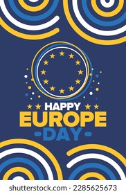 Día de Europa. Día festivo anual en mayo. Es el nombre de dos días de observancia anual: el 5 de mayo por el Consejo de Europa y el 9 de mayo por la Unión Europea. Cartel, tarjeta, cartel y fondo. Vector