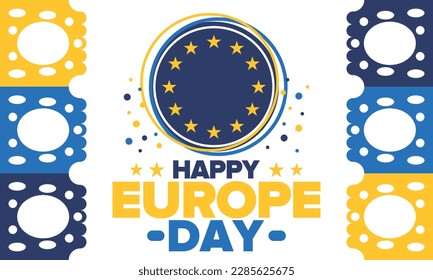 Día de Europa. Día festivo anual en mayo. Es el nombre de dos días de observancia anual: el 5 de mayo por el Consejo de Europa y el 9 de mayo por la Unión Europea. Cartel, tarjeta, cartel y fondo. Vector