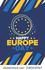 Día de Europa. Día festivo anual en mayo. Es el nombre de dos días de observancia anual: el 5 de mayo por el Consejo de Europa y el 9 de mayo por la Unión Europea. Cartel, tarjeta, cartel y fondo. Vector