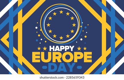 Día de Europa. Día festivo anual en mayo. Es el nombre de dos días de observancia anual: el 5 de mayo por el Consejo de Europa y el 9 de mayo por la Unión Europea. Cartel, tarjeta, cartel y fondo. Vector