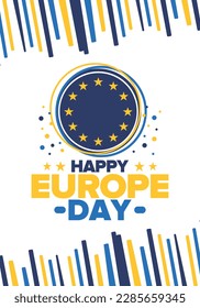 Día de Europa. Día festivo anual en mayo. Es el nombre de dos días de observancia anual: el 5 de mayo por el Consejo de Europa y el 9 de mayo por la Unión Europea. Cartel, tarjeta, cartel y fondo. Vector