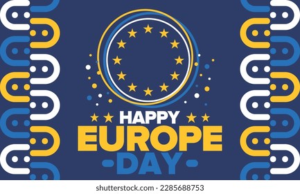 Día de Europa. Día festivo anual en mayo. Es el nombre de dos días de observancia anual: el 5 de mayo por el Consejo de Europa y el 9 de mayo por la Unión Europea. Cartel, tarjeta, cartel y fondo. Vector