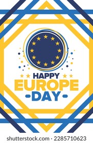 Día de Europa. Día festivo anual en mayo. Es el nombre de dos días de observancia anual: el 5 de mayo por el Consejo de Europa y el 9 de mayo por la Unión Europea. Cartel, tarjeta, cartel y fondo. Vector