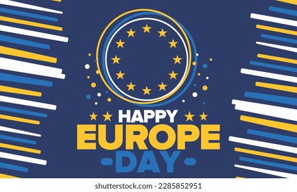 Día de Europa. Día festivo anual en mayo. Es el nombre de dos días de observancia anual: el 5 de mayo por el Consejo de Europa y el 9 de mayo por la Unión Europea. Cartel, tarjeta, cartel y fondo. Vector