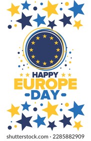 Día de Europa. Día festivo anual en mayo. Es el nombre de dos días de observancia anual: el 5 de mayo por el Consejo de Europa y el 9 de mayo por la Unión Europea. Cartel, tarjeta, cartel y fondo. Vector