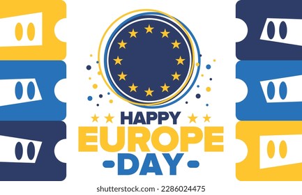 Día de Europa. Día festivo anual en mayo. Es el nombre de dos días de observancia anual: el 5 de mayo por el Consejo de Europa y el 9 de mayo por la Unión Europea. Cartel, tarjeta, cartel y fondo. Vector