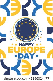 Día de Europa. Día festivo anual en mayo. Es el nombre de dos días de observancia anual: el 5 de mayo por el Consejo de Europa y el 9 de mayo por la Unión Europea. Cartel, tarjeta, cartel y fondo. Vector