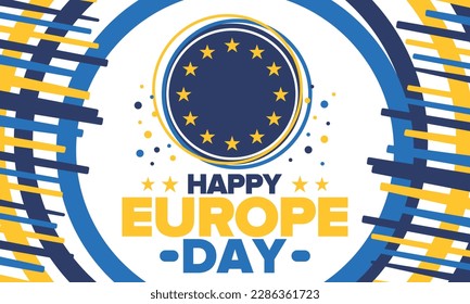 Día de Europa. Día festivo anual en mayo. Es el nombre de dos días de observancia anual: el 5 de mayo por el Consejo de Europa y el 9 de mayo por la Unión Europea. Cartel, tarjeta, cartel y fondo. Vector