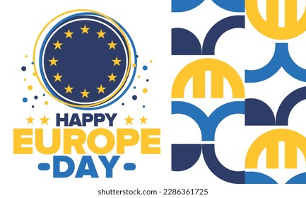 Día de Europa. Día festivo anual en mayo. Es el nombre de dos días de observancia anual: el 5 de mayo por el Consejo de Europa y el 9 de mayo por la Unión Europea. Cartel, tarjeta, cartel y fondo. Vector