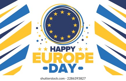 Día de Europa. Día festivo anual en mayo. Es el nombre de dos días de observancia anual: el 5 de mayo por el Consejo de Europa y el 9 de mayo por la Unión Europea. Cartel, tarjeta, cartel y fondo. Vector