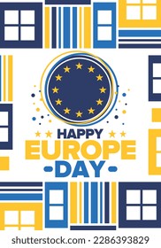 Día de Europa. Día festivo anual en mayo. Es el nombre de dos días de observancia anual: el 5 de mayo por el Consejo de Europa y el 9 de mayo por la Unión Europea. Cartel, tarjeta, cartel y fondo. Vector