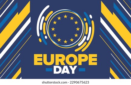 Día de Europa. Día festivo anual en mayo. Es el nombre de dos días de observancia anual: el 5 de mayo por el Consejo de Europa y el 9 de mayo por la Unión Europea. Cartel, tarjeta, cartel y fondo. Vector