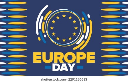 Día de Europa. Día festivo anual en mayo. Es el nombre de dos días de observancia anual: el 5 de mayo por el Consejo de Europa y el 9 de mayo por la Unión Europea. Cartel, tarjeta, cartel y fondo. Vector