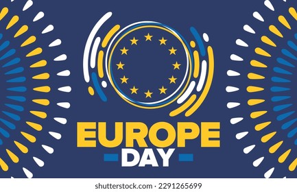 Día de Europa. Día festivo anual en mayo. Es el nombre de dos días de observancia anual: el 5 de mayo por el Consejo de Europa y el 9 de mayo por la Unión Europea. Cartel, tarjeta, cartel y fondo. Vector