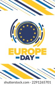 Día de Europa. Día festivo anual en mayo. Es el nombre de dos días de observancia anual: el 5 de mayo por el Consejo de Europa y el 9 de mayo por la Unión Europea. Cartel, tarjeta, cartel y fondo. Vector