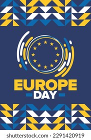 Día de Europa. Día festivo anual en mayo. Es el nombre de dos días de observancia anual: el 5 de mayo por el Consejo de Europa y el 9 de mayo por la Unión Europea. Cartel, tarjeta, cartel y fondo. Vector