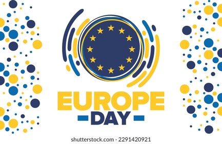 Día de Europa. Día festivo anual en mayo. Es el nombre de dos días de observancia anual: el 5 de mayo por el Consejo de Europa y el 9 de mayo por la Unión Europea. Cartel, tarjeta, cartel y fondo. Vector