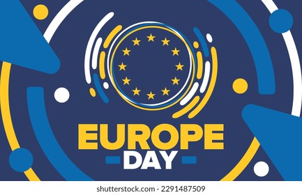 Día de Europa. Día festivo anual en mayo. Es el nombre de dos días de observancia anual: el 5 de mayo por el Consejo de Europa y el 9 de mayo por la Unión Europea. Cartel, tarjeta, cartel y fondo. Vector