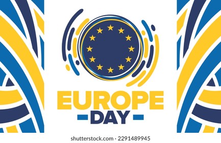 Día de Europa. Día festivo anual en mayo. Es el nombre de dos días de observancia anual: el 5 de mayo por el Consejo de Europa y el 9 de mayo por la Unión Europea. Cartel, tarjeta, cartel y fondo. Vector