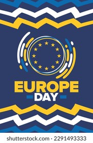 Día de Europa. Día festivo anual en mayo. Es el nombre de dos días de observancia anual: el 5 de mayo por el Consejo de Europa y el 9 de mayo por la Unión Europea. Cartel, tarjeta, cartel y fondo. Vector