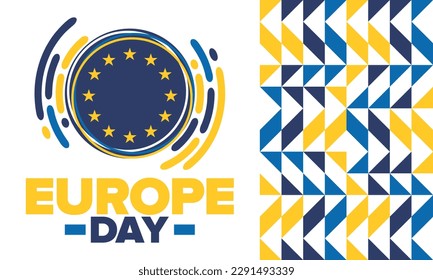 Día de Europa. Día festivo anual en mayo. Es el nombre de dos días de observancia anual: el 5 de mayo por el Consejo de Europa y el 9 de mayo por la Unión Europea. Cartel, tarjeta, cartel y fondo. Vector