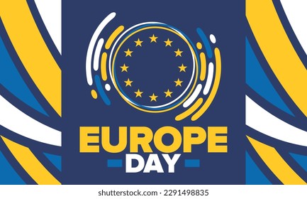 Día de Europa. Día festivo anual en mayo. Es el nombre de dos días de observancia anual: el 5 de mayo por el Consejo de Europa y el 9 de mayo por la Unión Europea. Cartel, tarjeta, cartel y fondo. Vector