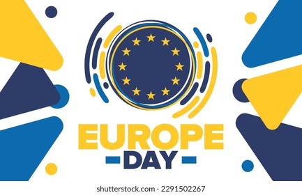 Día de Europa. Día festivo anual en mayo. Es el nombre de dos días de observancia anual: el 5 de mayo por el Consejo de Europa y el 9 de mayo por la Unión Europea. Cartel, tarjeta, cartel y fondo. Vector