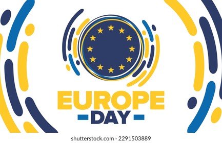 Día de Europa. Día festivo anual en mayo. Es el nombre de dos días de observancia anual: el 5 de mayo por el Consejo de Europa y el 9 de mayo por la Unión Europea. Cartel, tarjeta, cartel y fondo. Vector