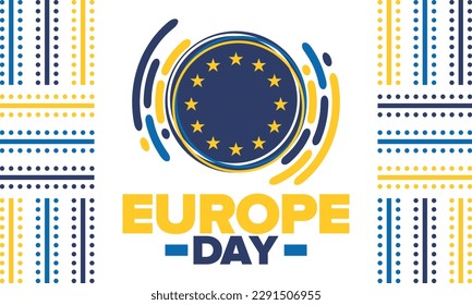 Día de Europa. Día festivo anual en mayo. Es el nombre de dos días de observancia anual: el 5 de mayo por el Consejo de Europa y el 9 de mayo por la Unión Europea. Cartel, tarjeta, cartel y fondo. Vector