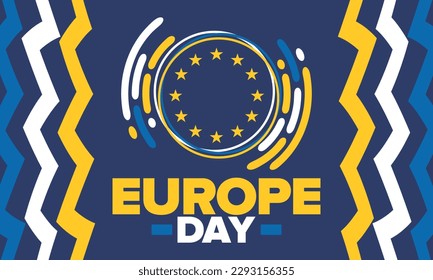 Día de Europa. Día festivo anual en mayo. Es el nombre de dos días de observancia anual: el 5 de mayo por el Consejo de Europa y el 9 de mayo por la Unión Europea. Cartel, tarjeta, cartel y fondo. Vector