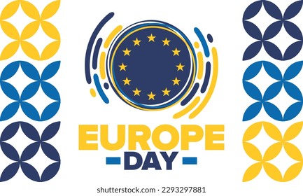 Día de Europa. Día festivo anual en mayo. Es el nombre de dos días de observancia anual: el 5 de mayo por el Consejo de Europa y el 9 de mayo por la Unión Europea. Cartel, tarjeta, cartel y fondo. Vector