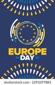 Día de Europa. Día festivo anual en mayo. Es el nombre de dos días de observancia anual: el 5 de mayo por el Consejo de Europa y el 9 de mayo por la Unión Europea. Cartel, tarjeta, cartel y fondo. Vector