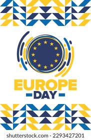 Día de Europa. Día festivo anual en mayo. Es el nombre de dos días de observancia anual: el 5 de mayo por el Consejo de Europa y el 9 de mayo por la Unión Europea. Cartel, tarjeta, cartel y fondo. Vector