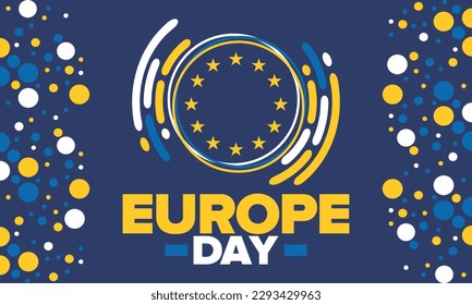 Día de Europa. Día festivo anual en mayo. Es el nombre de dos días de observancia anual: el 5 de mayo por el Consejo de Europa y el 9 de mayo por la Unión Europea. Cartel, tarjeta, cartel y fondo. Vector