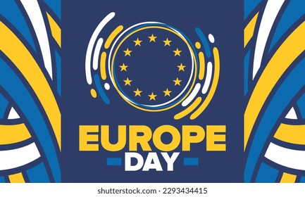 Día de Europa. Día festivo anual en mayo. Es el nombre de dos días de observancia anual: el 5 de mayo por el Consejo de Europa y el 9 de mayo por la Unión Europea. Cartel, tarjeta, cartel y fondo. Vector