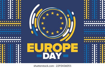 Día de Europa. Día festivo anual en mayo. Es el nombre de dos días de observancia anual: el 5 de mayo por el Consejo de Europa y el 9 de mayo por la Unión Europea. Cartel, tarjeta, cartel y fondo. Vector