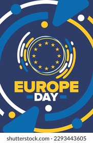 Día de Europa. Día festivo anual en mayo. Es el nombre de dos días de observancia anual: el 5 de mayo por el Consejo de Europa y el 9 de mayo por la Unión Europea. Cartel, tarjeta, cartel y fondo. Vector