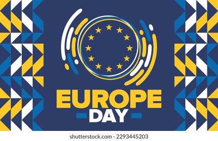 Día de Europa. Día festivo anual en mayo. Es el nombre de dos días de observancia anual: el 5 de mayo por el Consejo de Europa y el 9 de mayo por la Unión Europea. Cartel, tarjeta, cartel y fondo. Vector