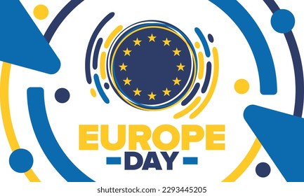 Día de Europa. Día festivo anual en mayo. Es el nombre de dos días de observancia anual: el 5 de mayo por el Consejo de Europa y el 9 de mayo por la Unión Europea. Cartel, tarjeta, cartel y fondo. Vector