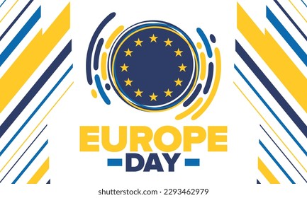 Día de Europa. Día festivo anual en mayo. Es el nombre de dos días de observancia anual: el 5 de mayo por el Consejo de Europa y el 9 de mayo por la Unión Europea. Cartel, tarjeta, cartel y fondo. Vector