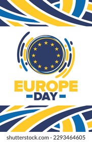 Día de Europa. Día festivo anual en mayo. Es el nombre de dos días de observancia anual: el 5 de mayo por el Consejo de Europa y el 9 de mayo por la Unión Europea. Cartel, tarjeta, cartel y fondo. Vector