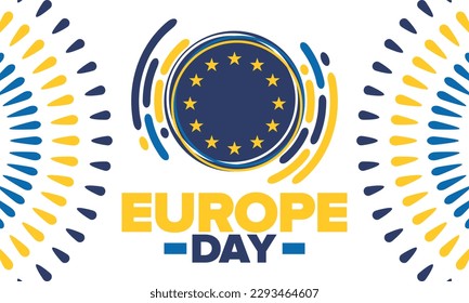 Día de Europa. Día festivo anual en mayo. Es el nombre de dos días de observancia anual: el 5 de mayo por el Consejo de Europa y el 9 de mayo por la Unión Europea. Cartel, tarjeta, cartel y fondo. Vector