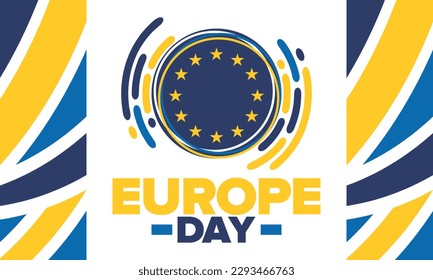 Día de Europa. Día festivo anual en mayo. Es el nombre de dos días de observancia anual: el 5 de mayo por el Consejo de Europa y el 9 de mayo por la Unión Europea. Cartel, tarjeta, cartel y fondo. Vector